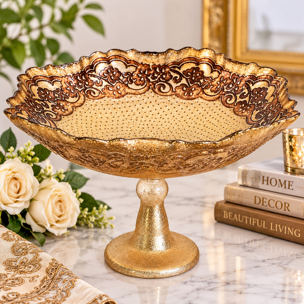 Artistic Accents Gold Floral Pedestal Glass Bowl 11.25” Turkish Centerpiece
